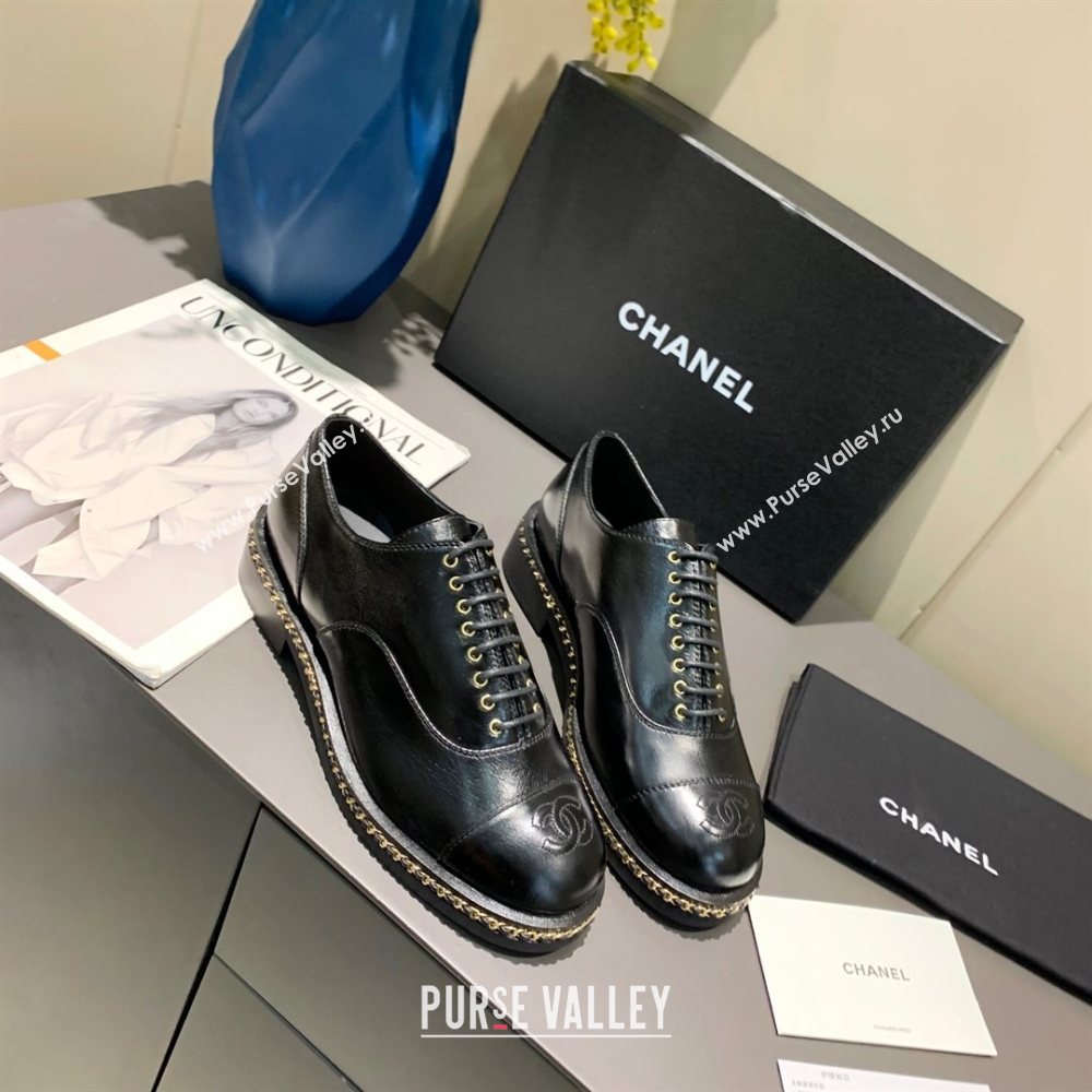 Chanel Calfskin Lace-ups with Chain Charm G36446 Black 2020 (MD-20120238)