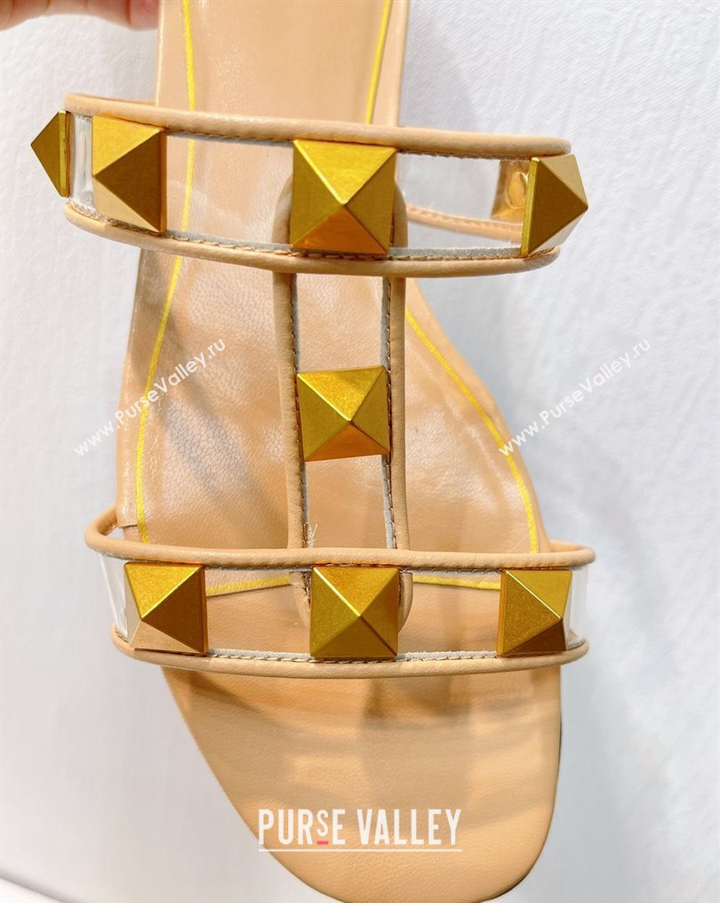 Valentino Roman Stud Flat Slide Sandals in Leather and PVC Nude 2023 VT102704 (MD-231027099)