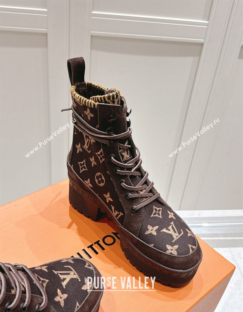 Louis Vuitton Laureate Platform Desert Platform Ankle Boot in Monogram Wool and Suede Brown 2024 1ADCGP (MD-241224040)