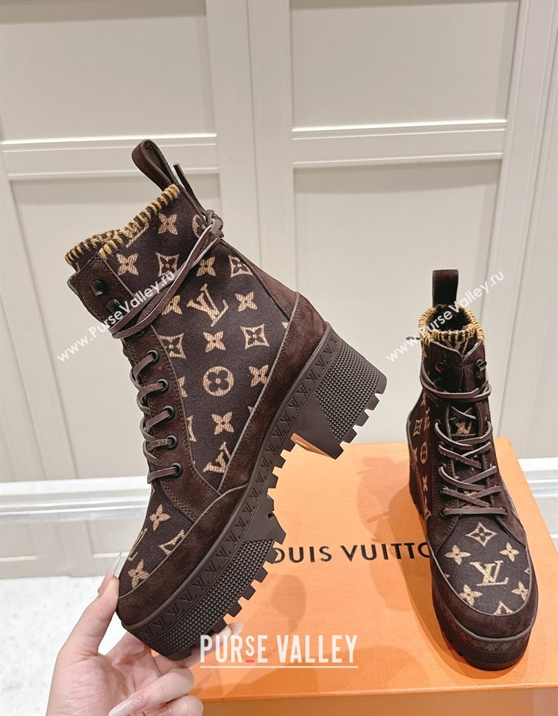 Louis Vuitton Laureate Platform Desert Platform Ankle Boot in Monogram Wool and Suede Brown 2024 1ADCGP (MD-241224040)