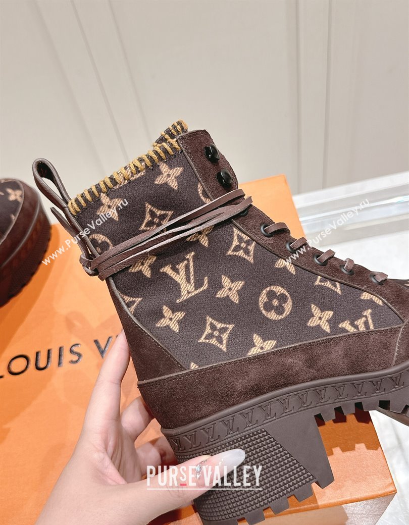 Louis Vuitton Laureate Platform Desert Platform Ankle Boot in Monogram Wool and Suede Brown 2024 1ADCGP (MD-241224040)