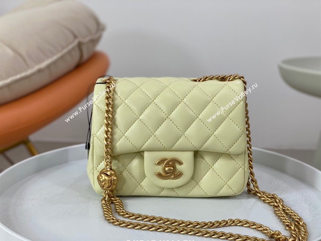 Chanel Lambskin Mini Square Flap Bag with Camellia Chain AS4040 Yellow 2024 (SM-24072324)