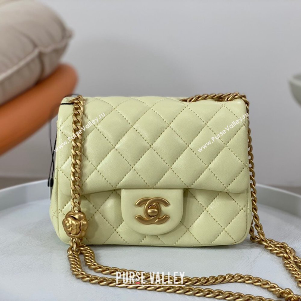 Chanel Lambskin Mini Square Flap Bag with Camellia Chain AS4040 Yellow 2024 (SM-24072324)