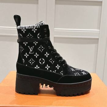 Louis Vuitton Laureate Platform Desert Platform Ankle Boot in Monogram Wool and Suede Black 2024 1ADCGP (MD-241224041)