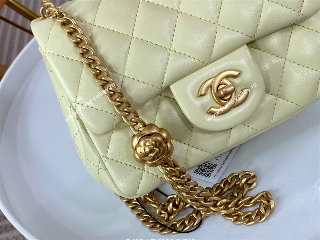 Chanel Lambskin Mini Square Flap Bag with Camellia Chain AS4040 Yellow 2024 (SM-24072324)