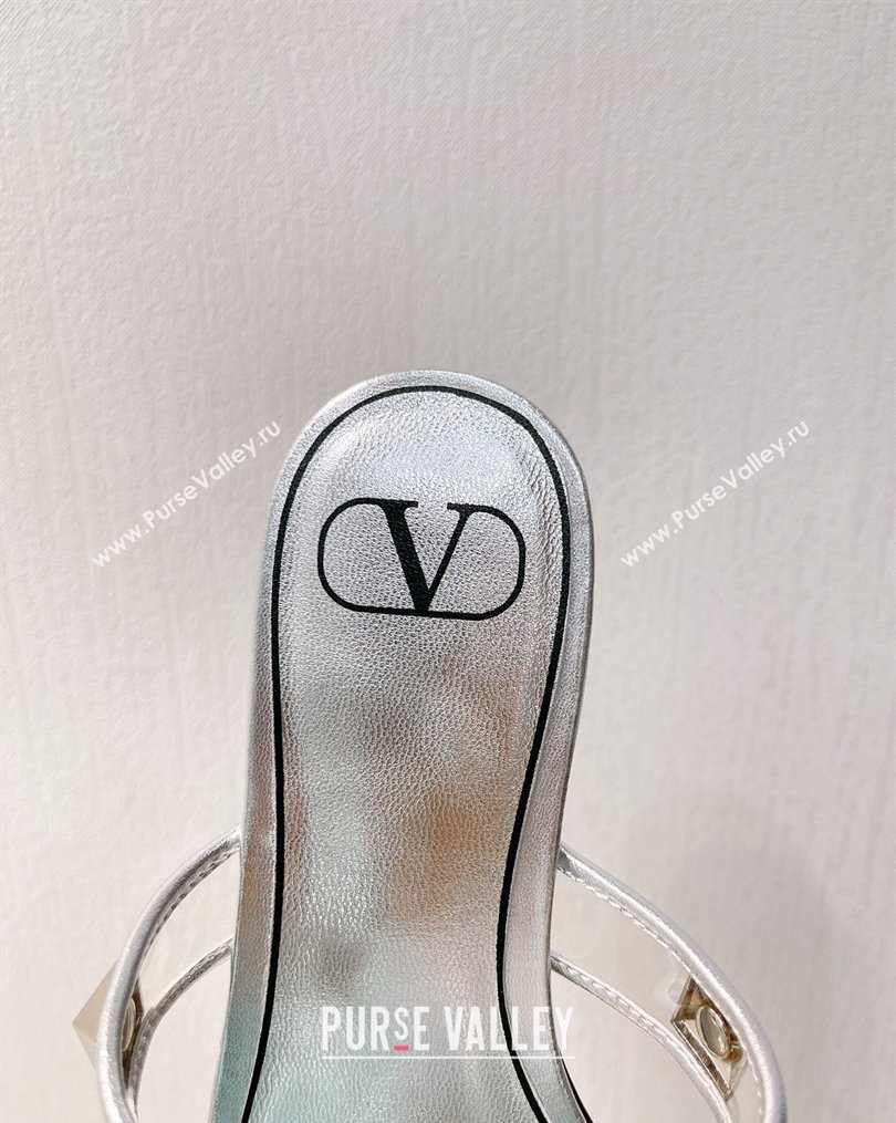 Valentino Roman Stud Flat Slide Sandals in Leather and PVC Silver 2023 VT102704 (MD-231027101)