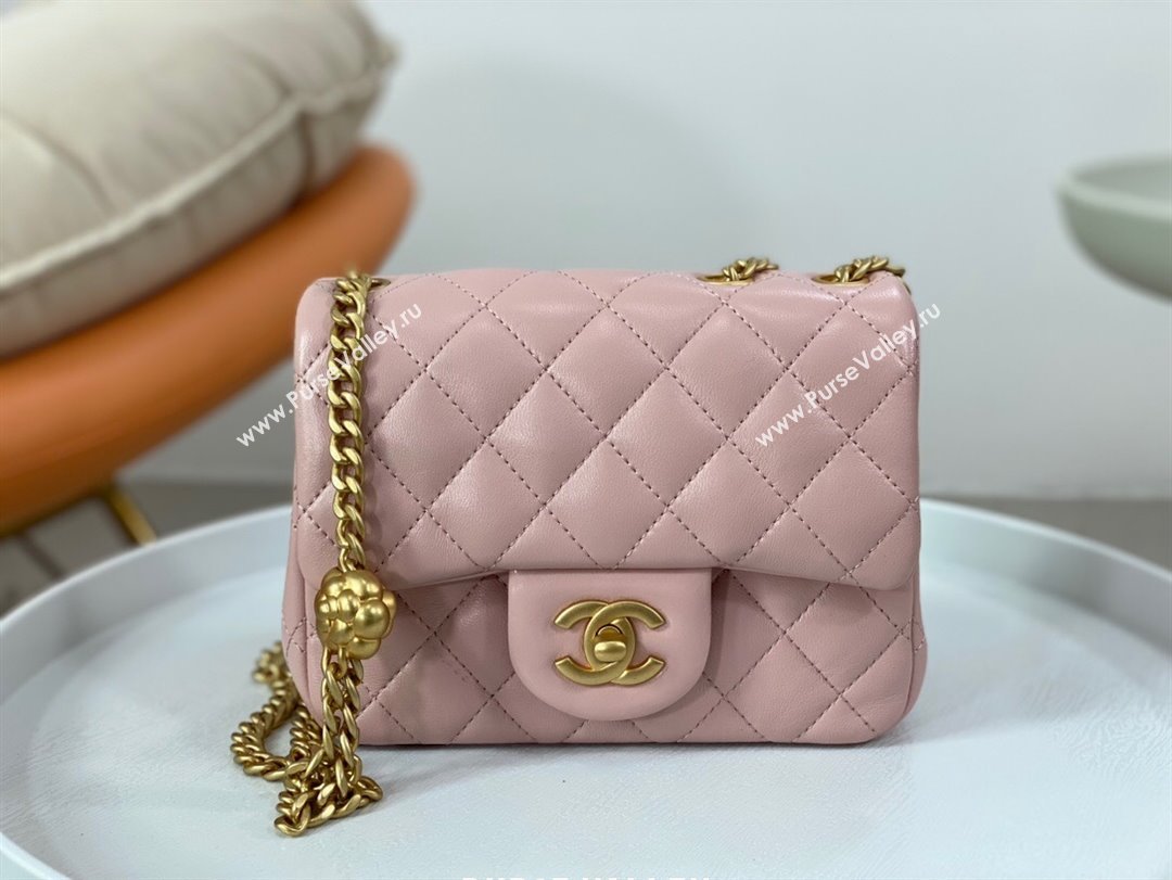 Chanel Lambskin Mini Square Flap Bag with Camellia Chain AS4040 Pink 2024 (SM-24072326)