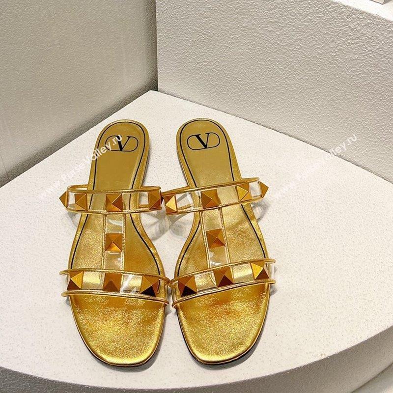 Valentino Roman Stud Flat Slide Sandals in Leather and PVC Gold 2023 VT102704 (MD-231027102)