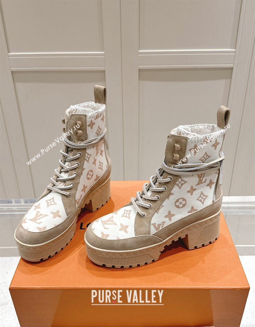 Louis Vuitton Laureate Platform Desert Platform Ankle Boot in Monogram Wool and Suede Beige 2024 1ADCGP (MD-241224042)