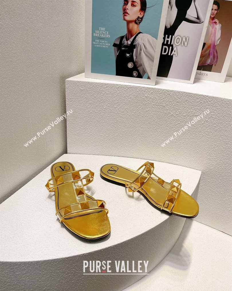 Valentino Roman Stud Flat Slide Sandals in Leather and PVC Gold 2023 VT102704 (MD-231027102)