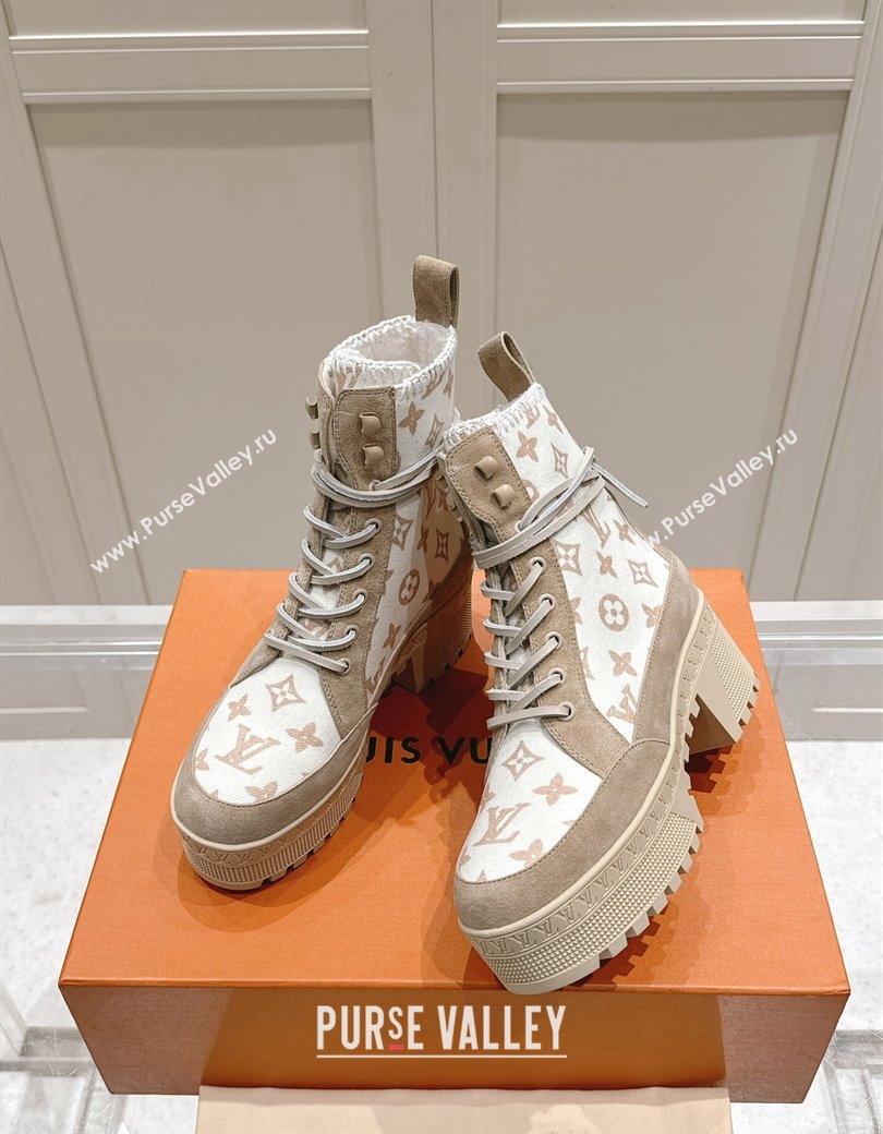 Louis Vuitton Laureate Platform Desert Platform Ankle Boot in Monogram Wool and Suede Beige 2024 1ADCGP (MD-241224042)