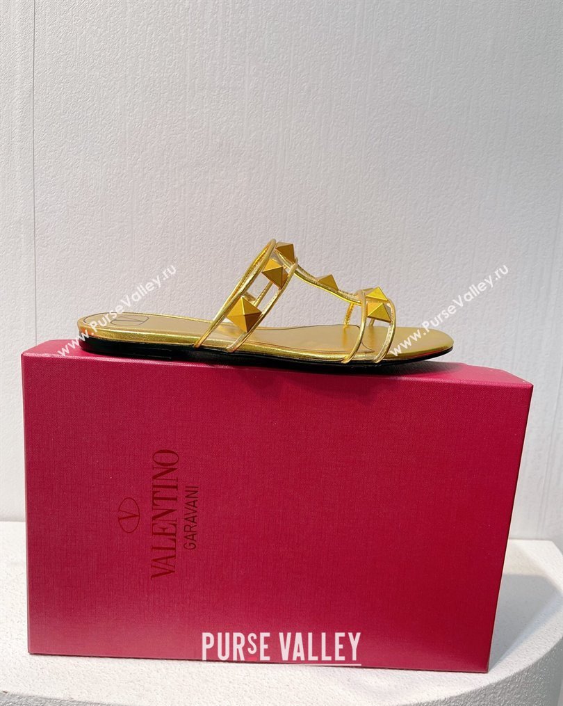 Valentino Roman Stud Flat Slide Sandals in Leather and PVC Gold 2023 VT102704 (MD-231027102)