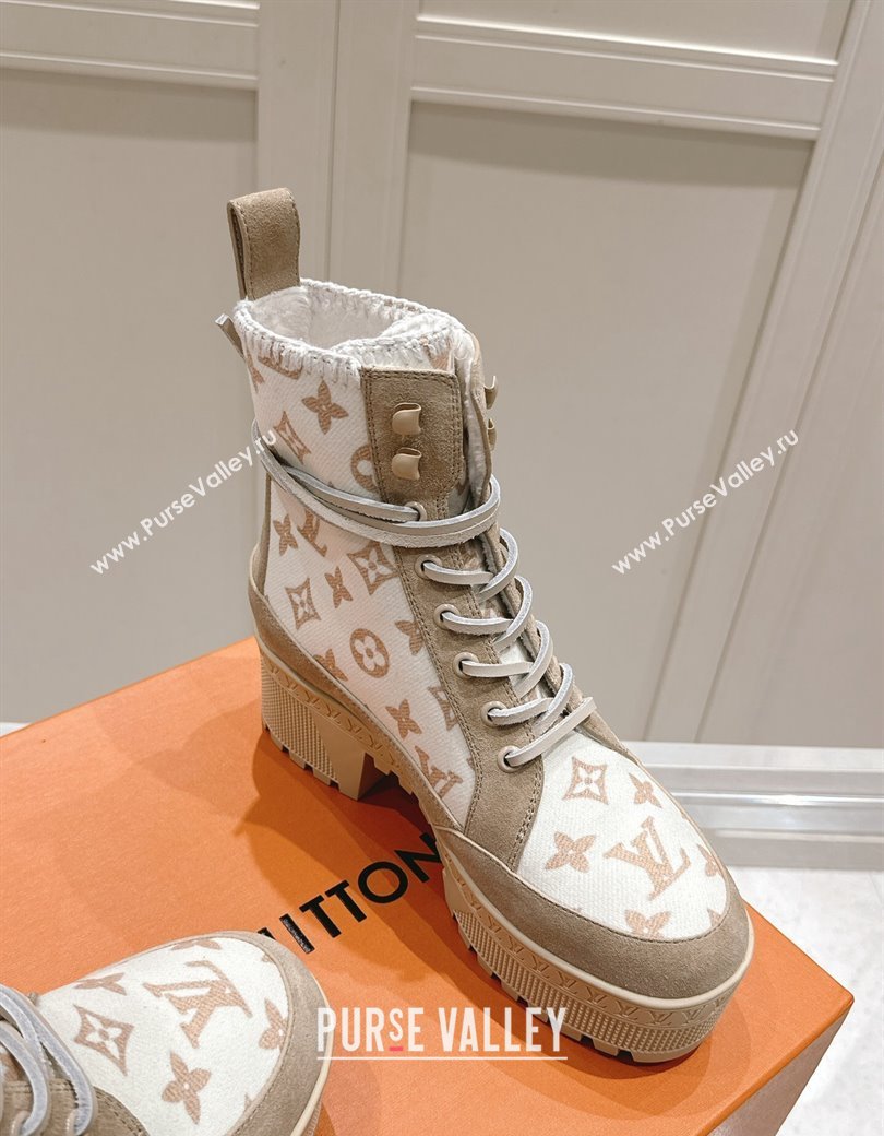 Louis Vuitton Laureate Platform Desert Platform Ankle Boot in Monogram Wool and Suede Beige 2024 1ADCGP (MD-241224042)