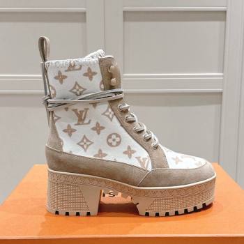 Louis Vuitton Laureate Platform Desert Platform Ankle Boot in Monogram Wool and Suede Beige 2024 1ADCGP (MD-241224042)