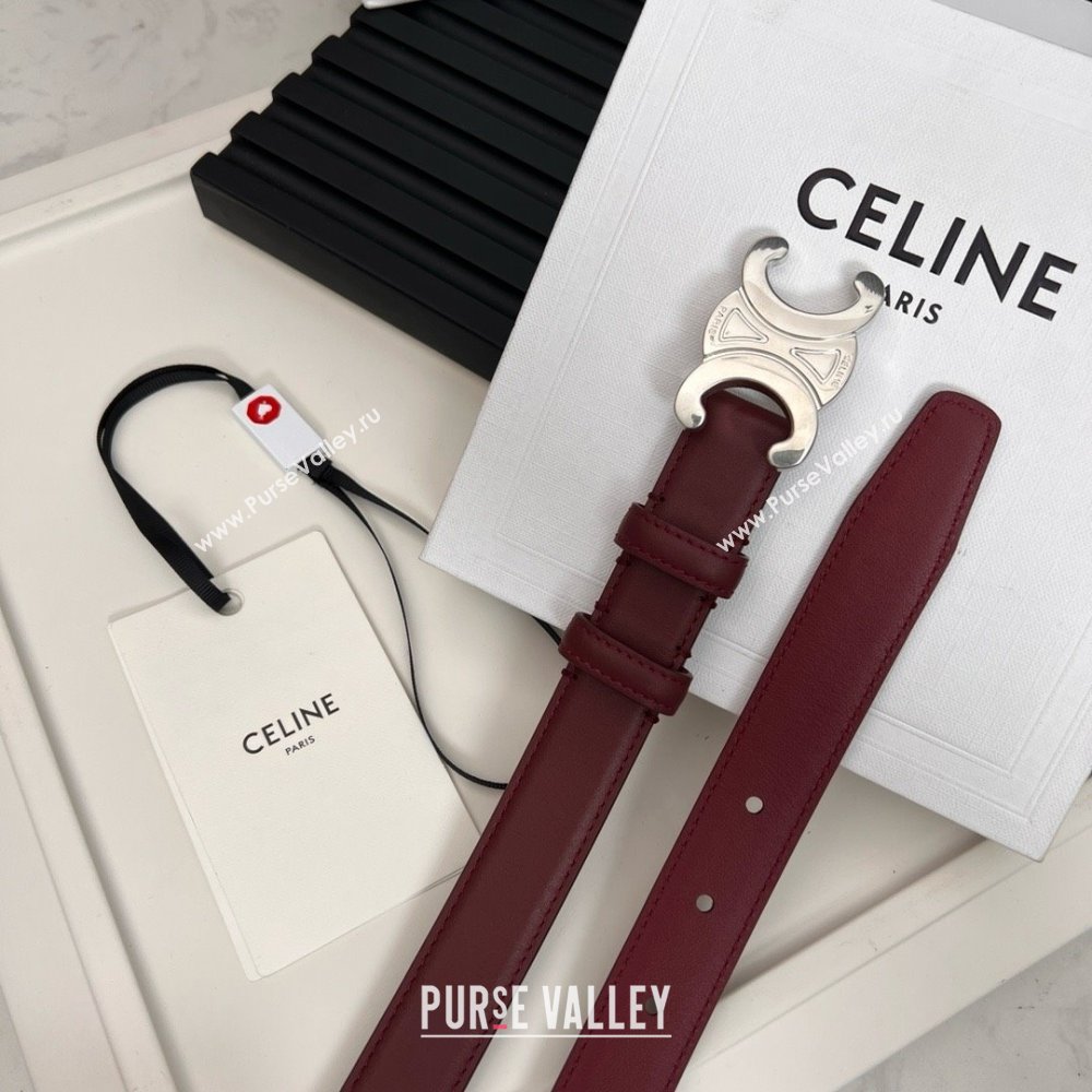 Celine Medium TRIOMPHE Belt in Taurillon Leather 2.5cm Burgundy/Silver 2025 (99-25010214)