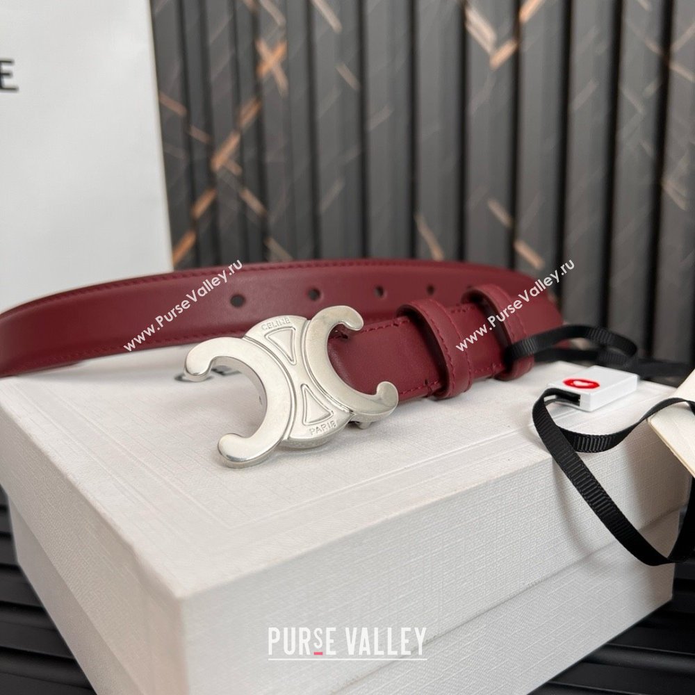 Celine Medium TRIOMPHE Belt in Taurillon Leather 2.5cm Burgundy/Silver 2025 (99-25010214)