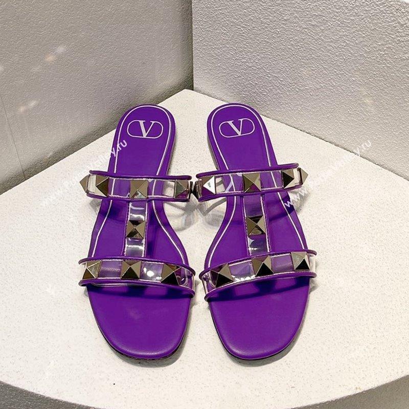 Valentino Roman Stud Flat Slide Sandals in Leather and PVC Purple 2023 VT102704 (MD-231027103)