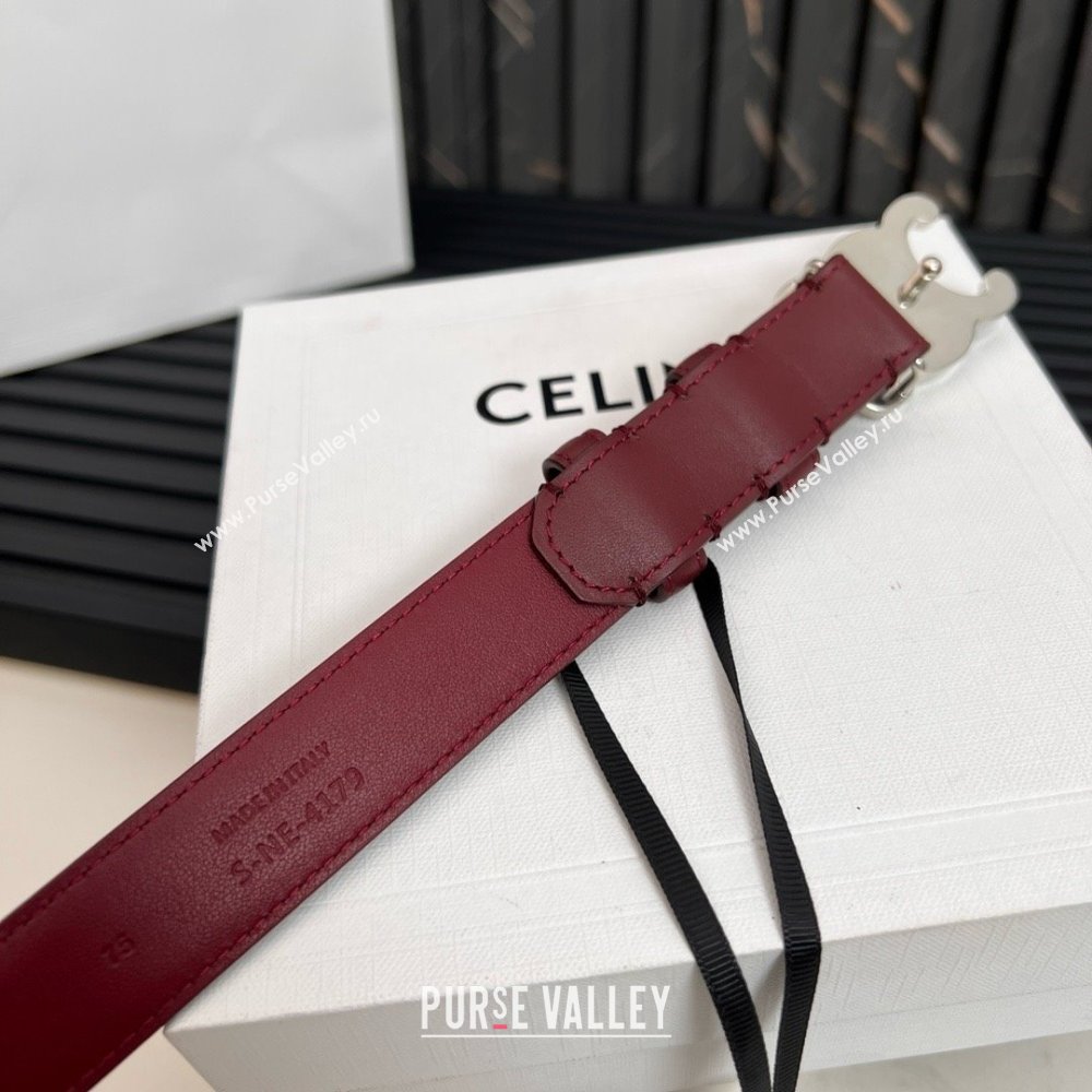 Celine Medium TRIOMPHE Belt in Taurillon Leather 2.5cm Burgundy/Silver 2025 (99-25010214)