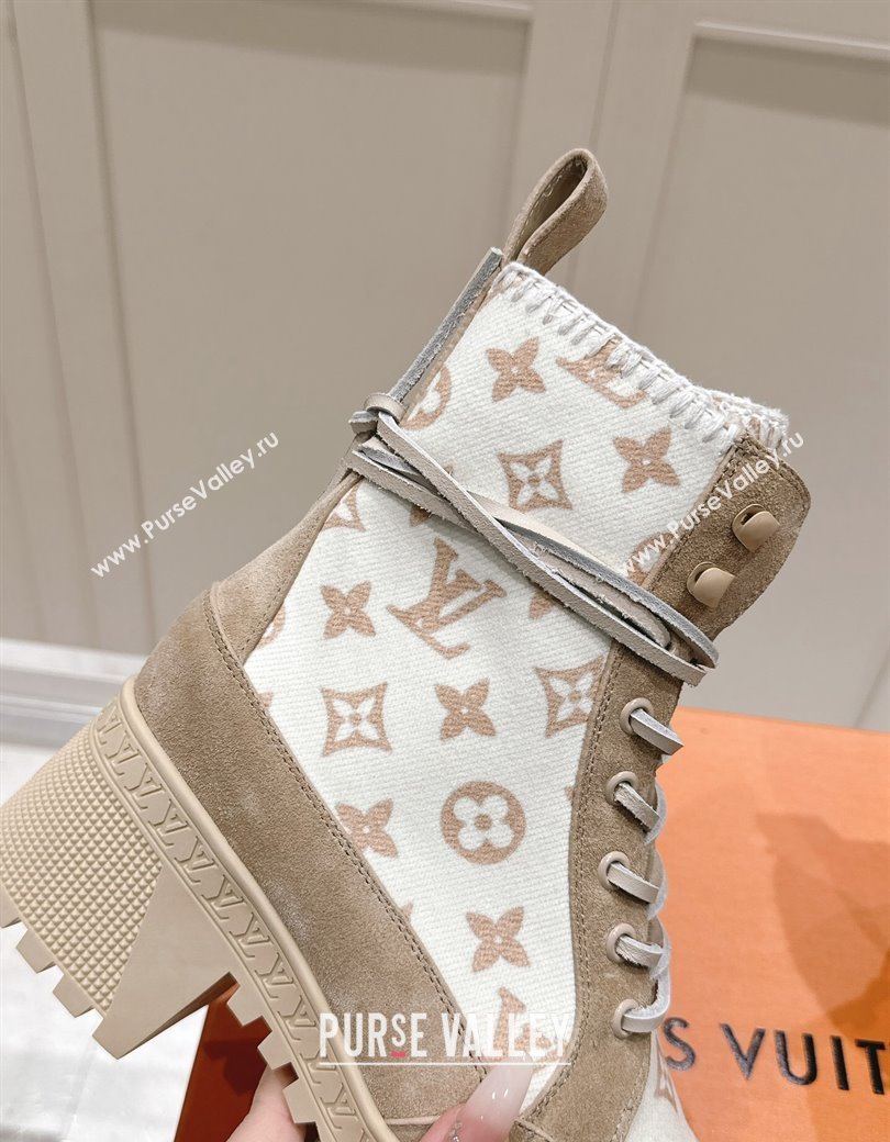 Louis Vuitton Laureate Platform Desert Platform Ankle Boot in Monogram Wool and Suede Beige 2024 1ADCGP (MD-241224042)