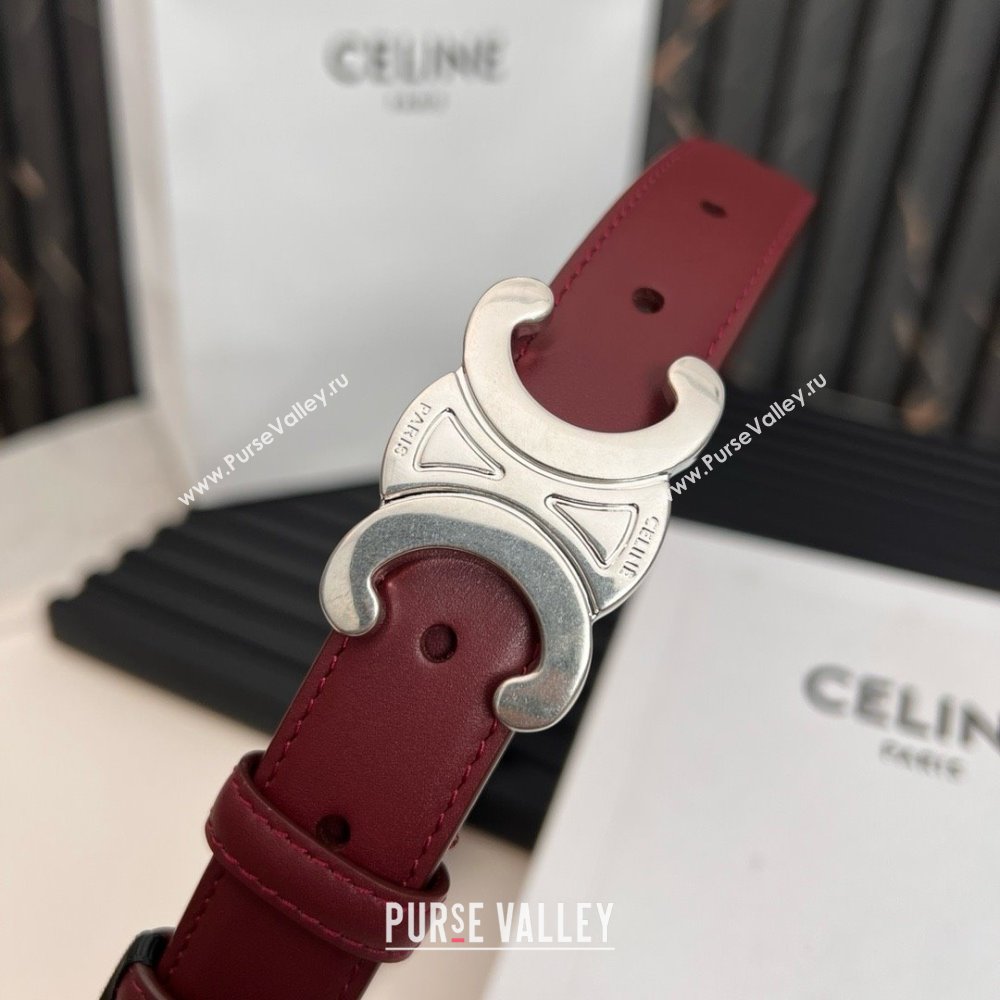 Celine Medium TRIOMPHE Belt in Taurillon Leather 2.5cm Burgundy/Silver 2025 (99-25010214)