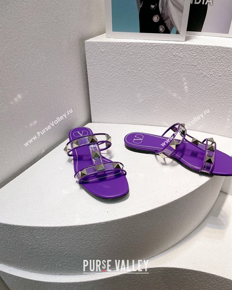 Valentino Roman Stud Flat Slide Sandals in Leather and PVC Purple 2023 VT102704 (MD-231027103)