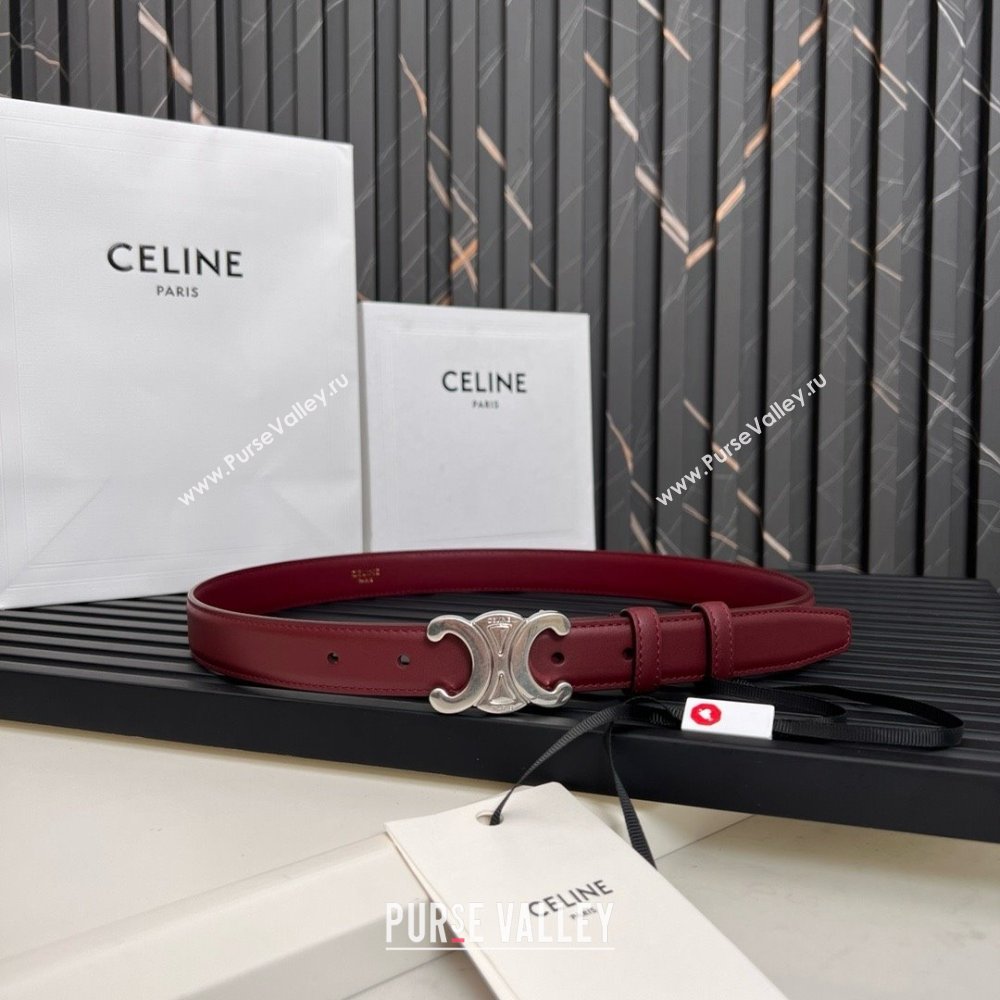 Celine Medium TRIOMPHE Belt in Taurillon Leather 2.5cm Burgundy/Silver 2025 (99-25010214)