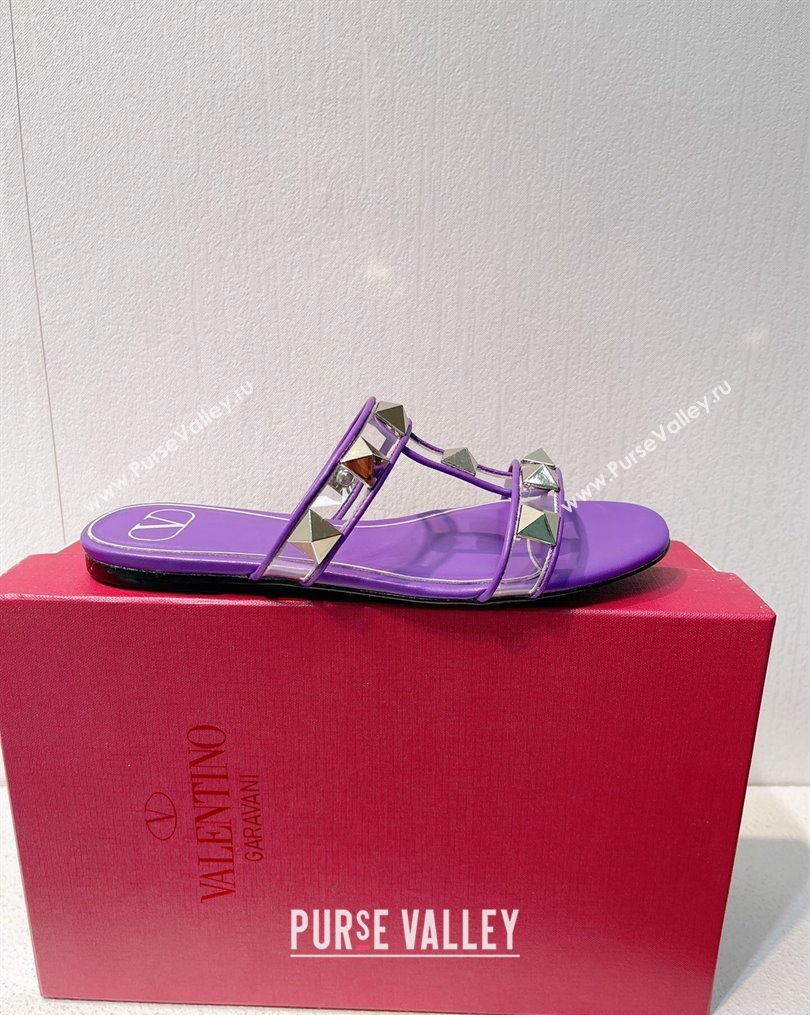 Valentino Roman Stud Flat Slide Sandals in Leather and PVC Purple 2023 VT102704 (MD-231027103)