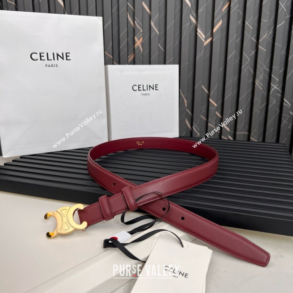 Celine Medium TRIOMPHE Belt in Taurillon Leather 2.5cm Burgundy/Gold 2025 (99-25010215)