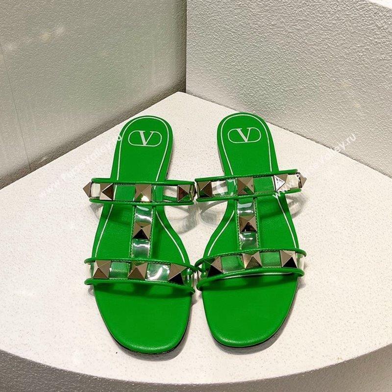 Valentino Roman Stud Flat Slide Sandals in Leather and PVC Green 2023 VT102704 (MD-231027104)