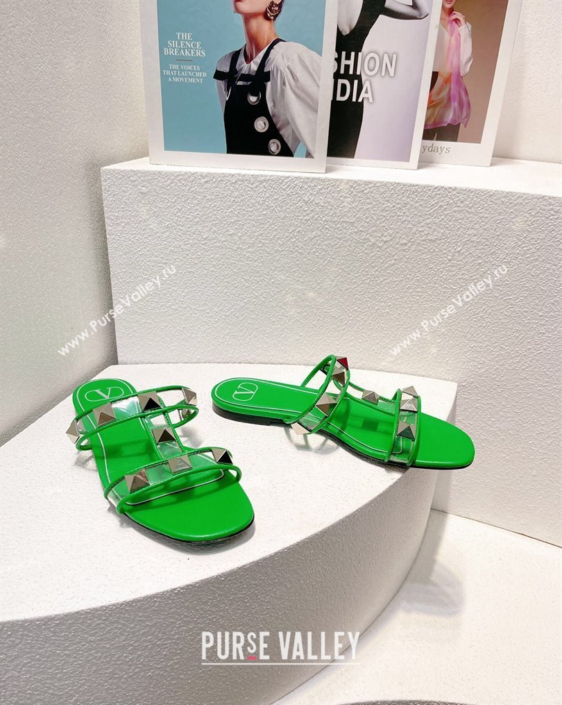 Valentino Roman Stud Flat Slide Sandals in Leather and PVC Green 2023 VT102704 (MD-231027104)