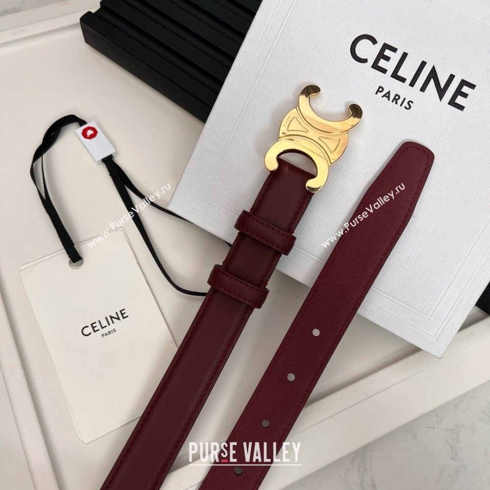 Celine Medium TRIOMPHE Belt in Taurillon Leather 2.5cm Burgundy/Gold 2025 (99-25010215)