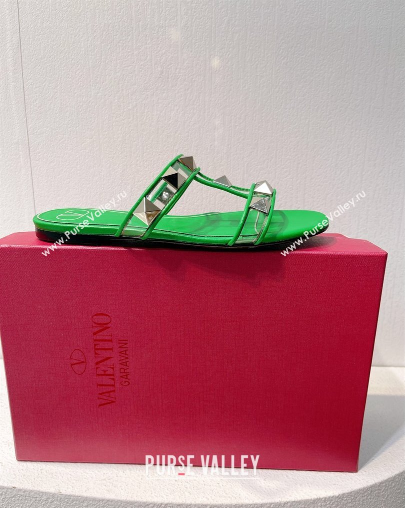 Valentino Roman Stud Flat Slide Sandals in Leather and PVC Green 2023 VT102704 (MD-231027104)