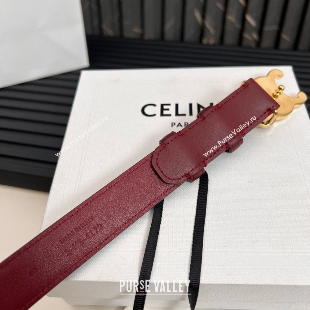 Celine Medium TRIOMPHE Belt in Taurillon Leather 2.5cm Burgundy/Gold 2025 (99-25010215)