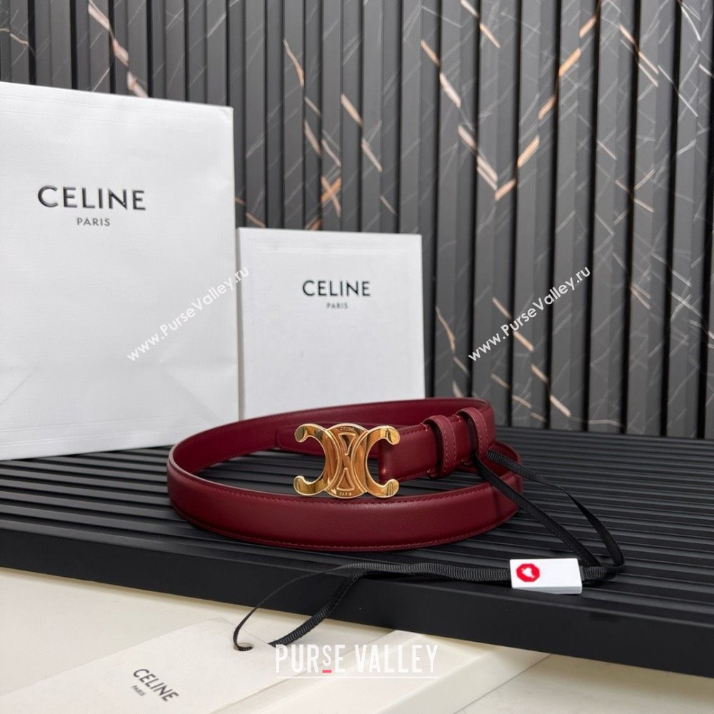 Celine Medium TRIOMPHE Belt in Taurillon Leather 2.5cm Burgundy/Gold 2025 (99-25010215)