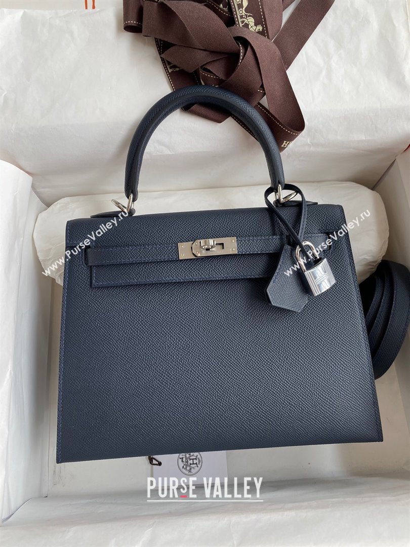 Hermes Kelly 25/28/32cm Bag in Original Epsom Leather Deep Blue/Silver 2024 (Handmand) (M-24021917)