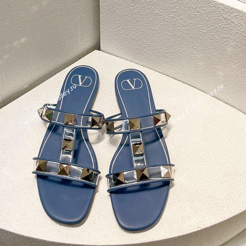 Valentino Roman Stud Flat Slide Sandals in Leather and PVC Blue 2 2023 VT102704 (MD-231027105)