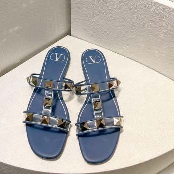 Valentino Roman Stud Flat Slide Sandals in Leather and PVC Blue 2 2023 VT102704 (MD-231027105)