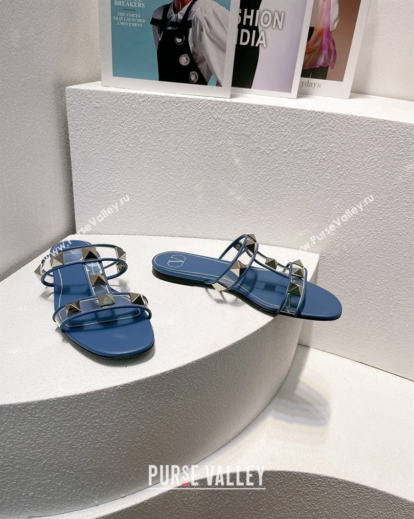 Valentino Roman Stud Flat Slide Sandals in Leather and PVC Blue 2 2023 VT102704 (MD-231027105)