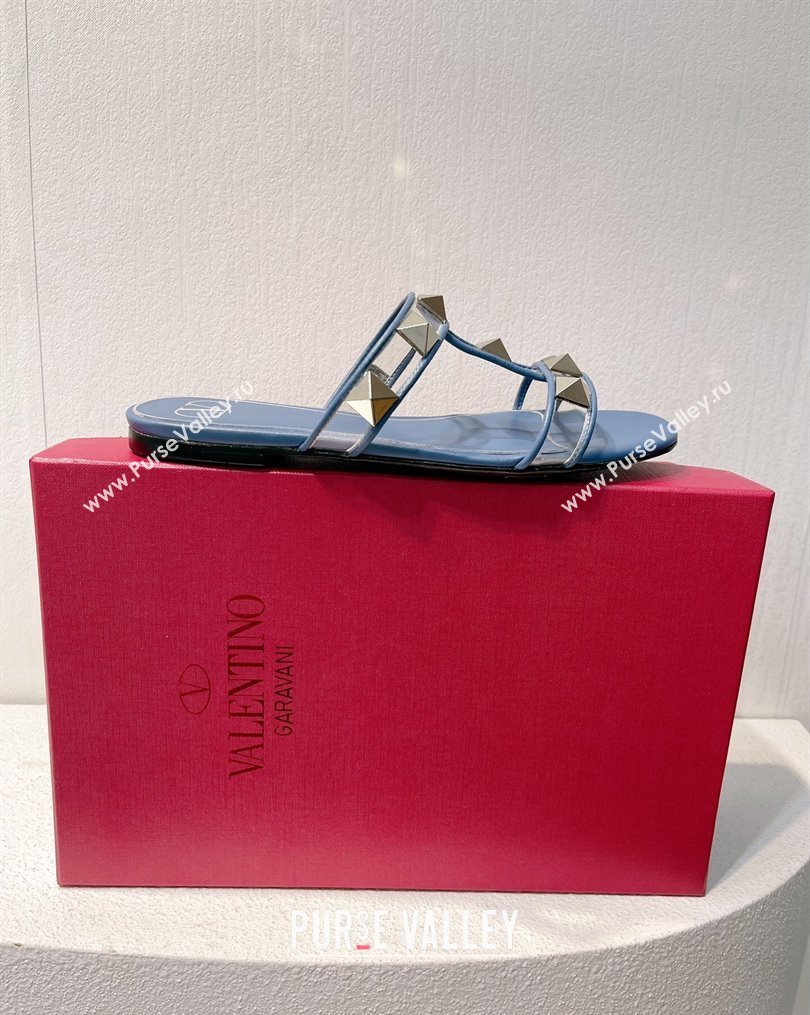 Valentino Roman Stud Flat Slide Sandals in Leather and PVC Blue 2 2023 VT102704 (MD-231027105)