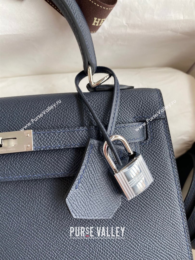 Hermes Kelly 25/28/32cm Bag in Original Epsom Leather Deep Blue/Silver 2024 (Handmand) (M-24021917)