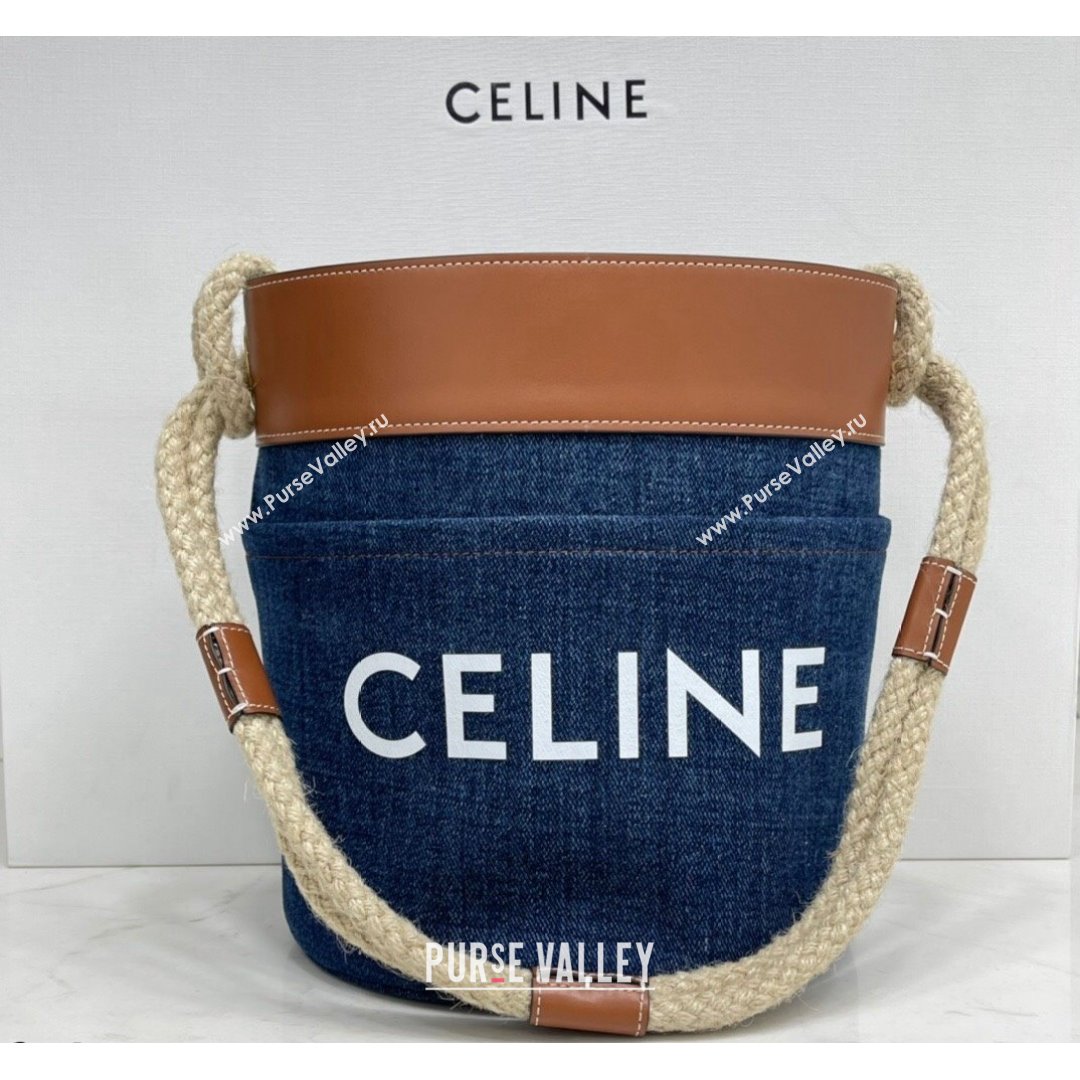 Celine Bucket Marin Bucket Bag in Denim and Calfskin Blue/Brown 2021 (BL-21090416)