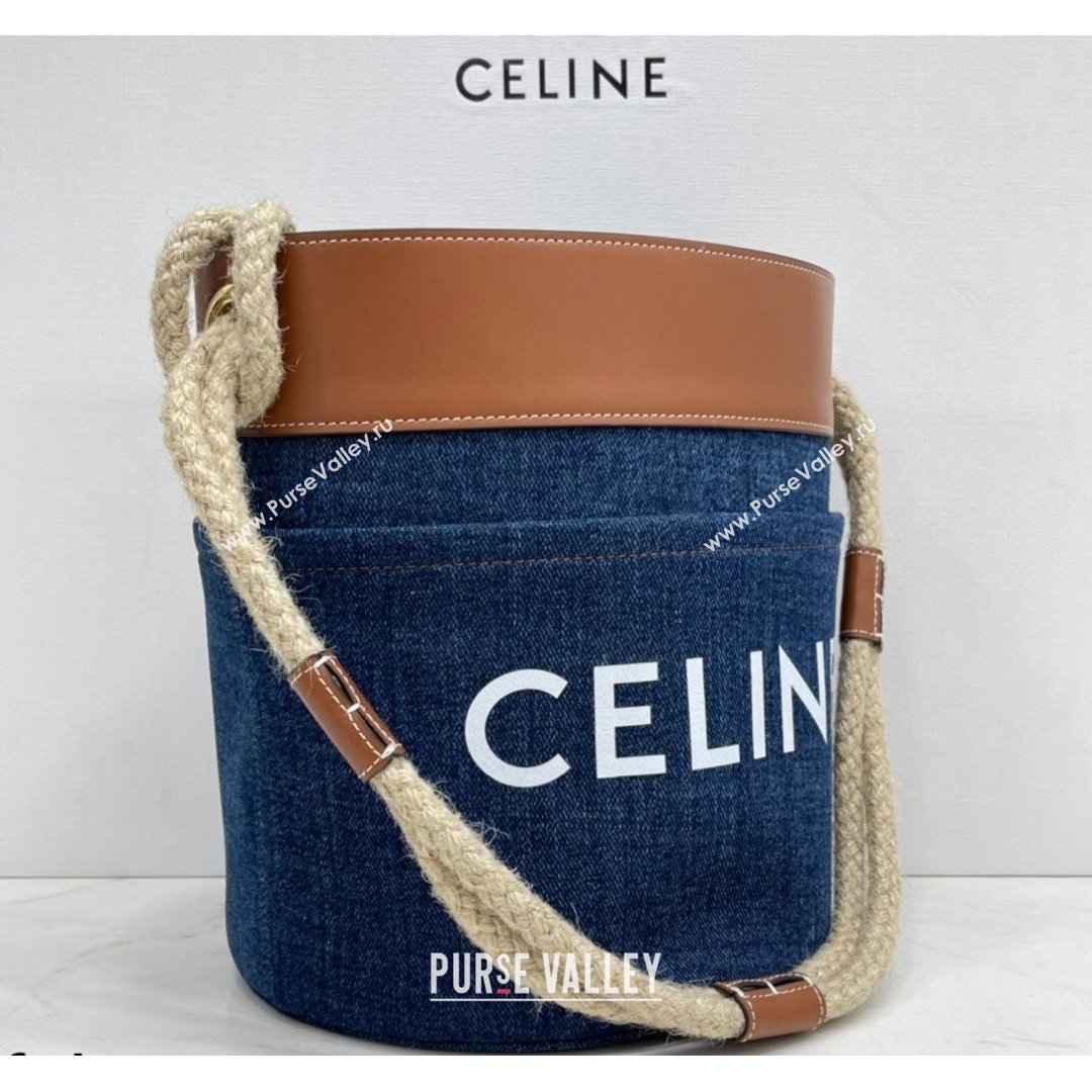 Celine Bucket Marin Bucket Bag in Denim and Calfskin Blue/Brown 2021 (BL-21090416)