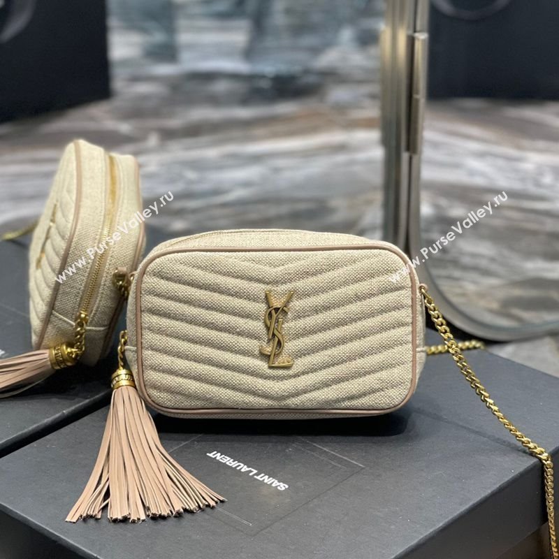 Saint Laurent Lou Mini Camera Bag with Tassel in Matelasse Cotton Linen 585040 Beige 2025 (YY-250206046)