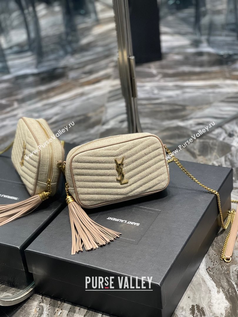 Saint Laurent Lou Mini Camera Bag with Tassel in Matelasse Cotton Linen 585040 Beige 2025 (YY-250206046)