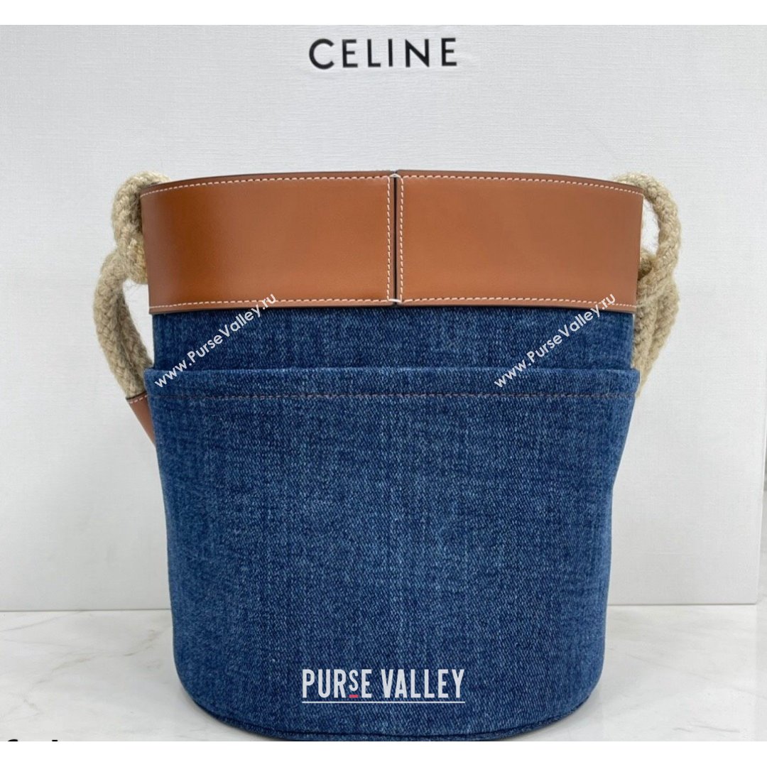 Celine Bucket Marin Bucket Bag in Denim and Calfskin Blue/Brown 2021 (BL-21090416)