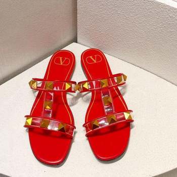 Valentino Roman Stud Flat Slide Sandals in Leather and PVC Red 2023 VT102704 (MD-231027106)