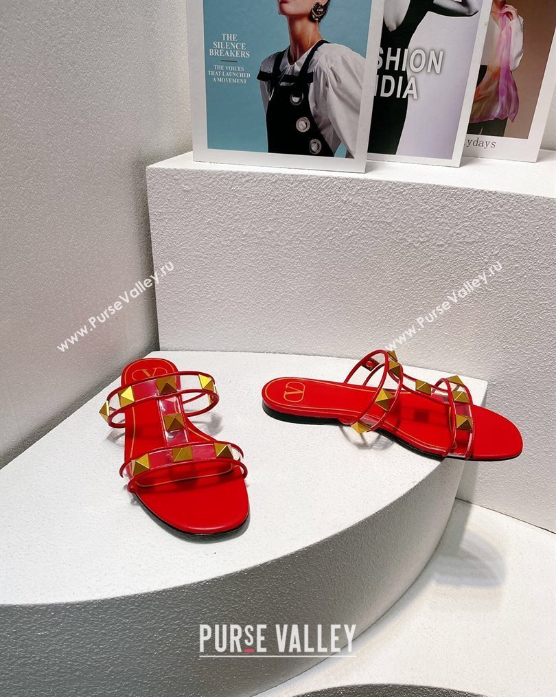 Valentino Roman Stud Flat Slide Sandals in Leather and PVC Red 2023 VT102704 (MD-231027106)