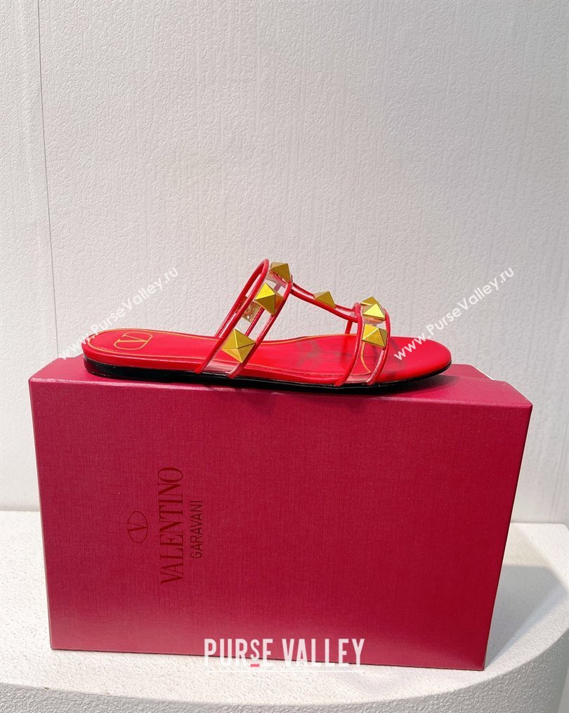 Valentino Roman Stud Flat Slide Sandals in Leather and PVC Red 2023 VT102704 (MD-231027106)