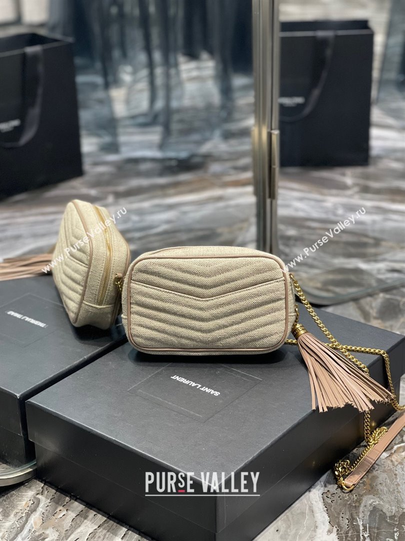 Saint Laurent Lou Mini Camera Bag with Tassel in Matelasse Cotton Linen 585040 Beige 2025 (YY-250206046)