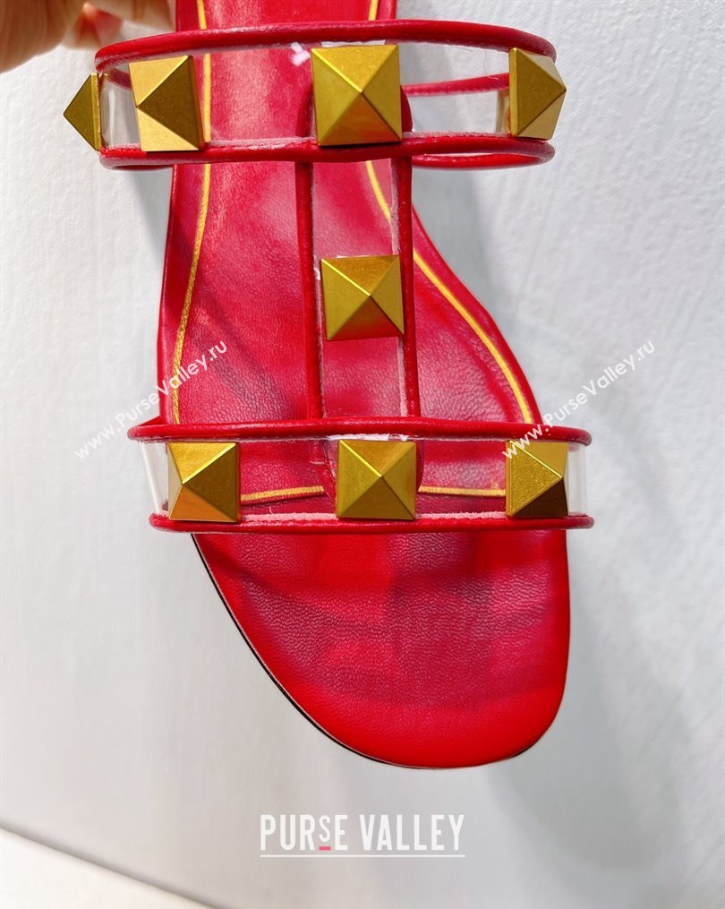 Valentino Roman Stud Flat Slide Sandals in Leather and PVC Red 2023 VT102704 (MD-231027106)